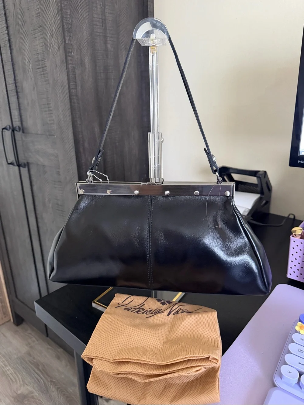 NWT Patricia Nash shoulder satchel in black leather with silver hardware